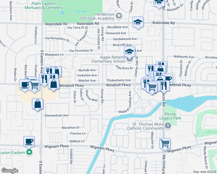 map of restaurants, bars, coffee shops, grocery stores, and more near 2730 Coventry Green Avenue in Henderson