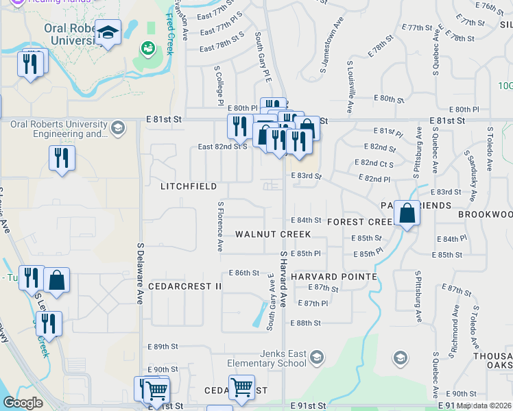 map of restaurants, bars, coffee shops, grocery stores, and more near 3143 East 84th Street South in Tulsa