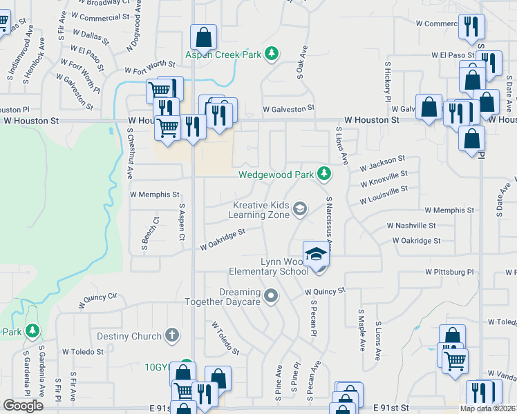 map of restaurants, bars, coffee shops, grocery stores, and more near 1900 West Nashville Street in Broken Arrow