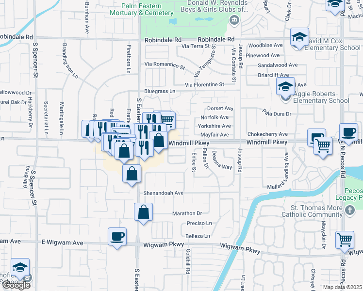 map of restaurants, bars, coffee shops, grocery stores, and more near 2904 Calmada Avenue in Henderson