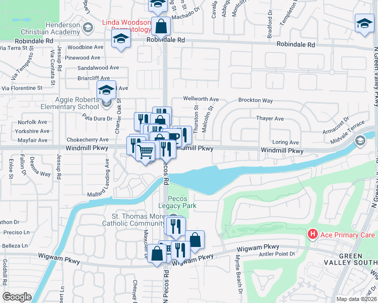 map of restaurants, bars, coffee shops, grocery stores, and more near 2567 Windmill Parkway in Henderson