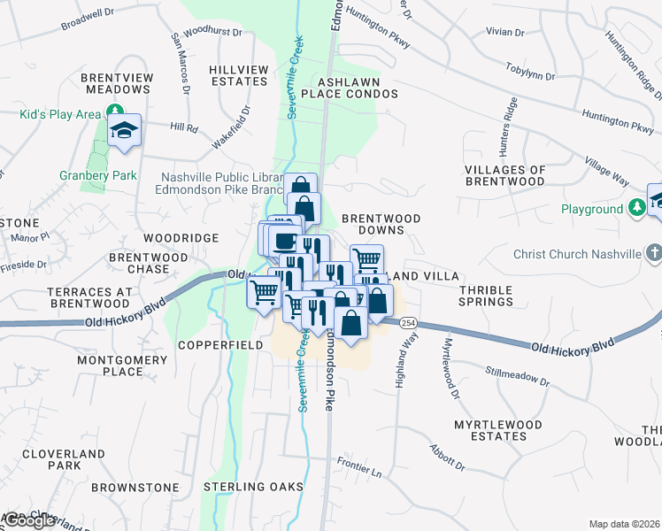 map of restaurants, bars, coffee shops, grocery stores, and more near 159 Brentwood Square in Nashville