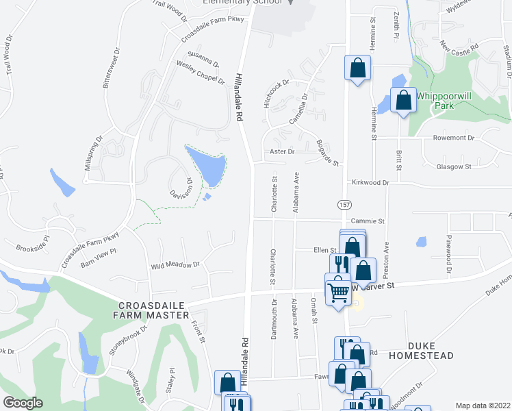 map of restaurants, bars, coffee shops, grocery stores, and more near 2308 Hillandale Road in Durham