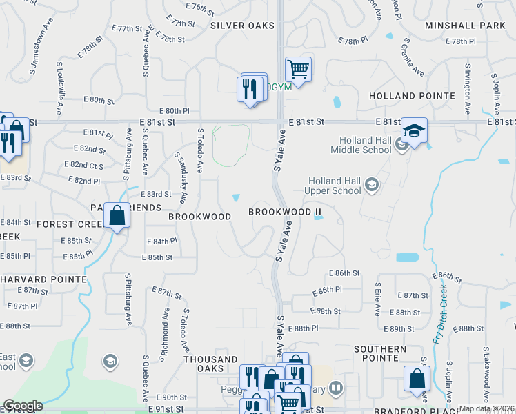 map of restaurants, bars, coffee shops, grocery stores, and more near 8347 South Vandalia Avenue in Tulsa