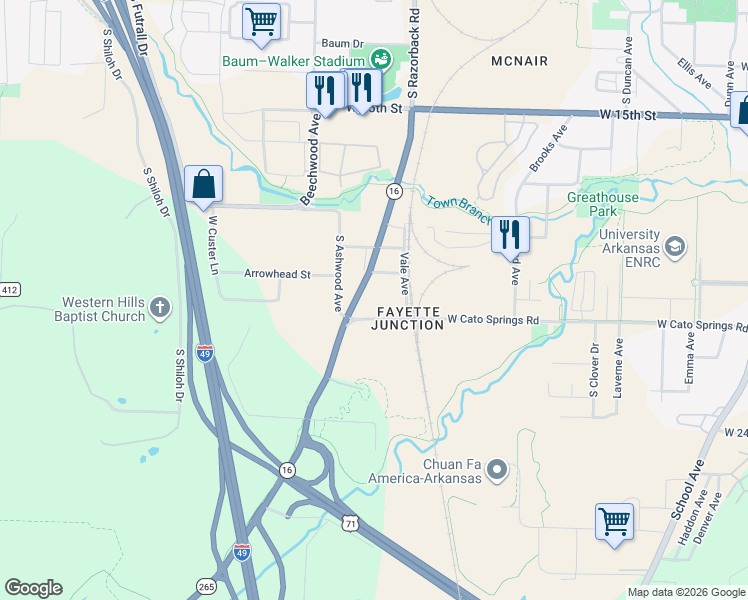map of restaurants, bars, coffee shops, grocery stores, and more near 1438 West Cato Springs Road in Fayetteville