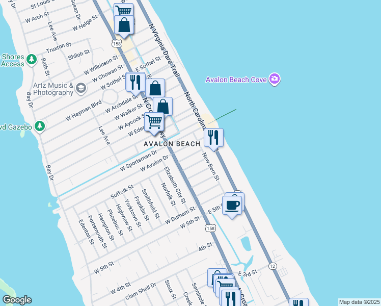 map of restaurants, bars, coffee shops, grocery stores, and more near 112 Wilson Street in Kill Devil Hills