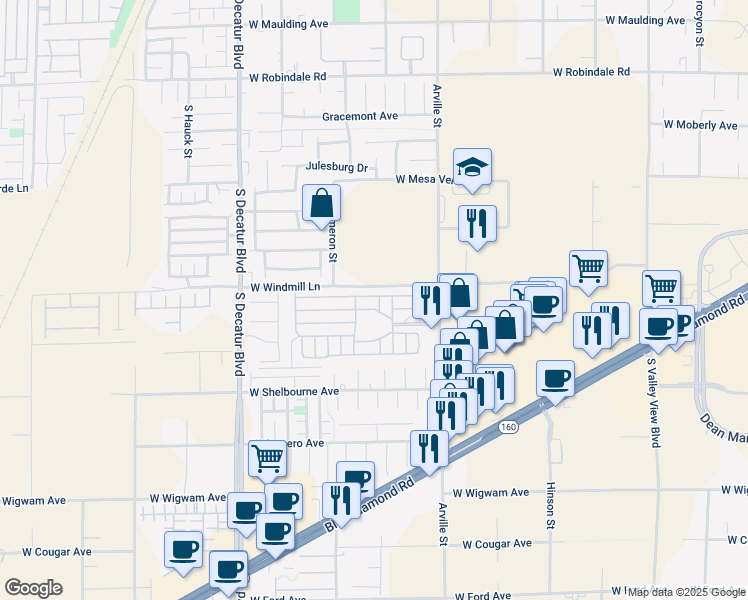 map of restaurants, bars, coffee shops, grocery stores, and more near 8175 Arville Street in Las Vegas