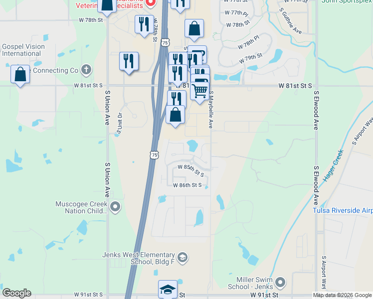 map of restaurants, bars, coffee shops, grocery stores, and more near 8409 South Olympia Avenue West in Tulsa