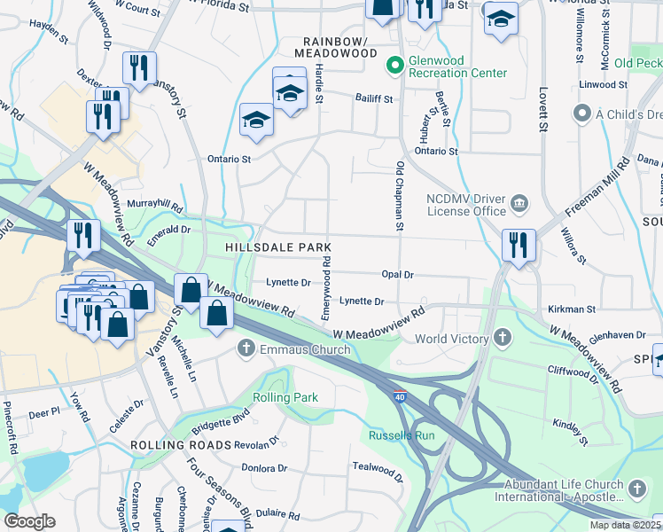 map of restaurants, bars, coffee shops, grocery stores, and more near 2225 Emerywood Road in Greensboro