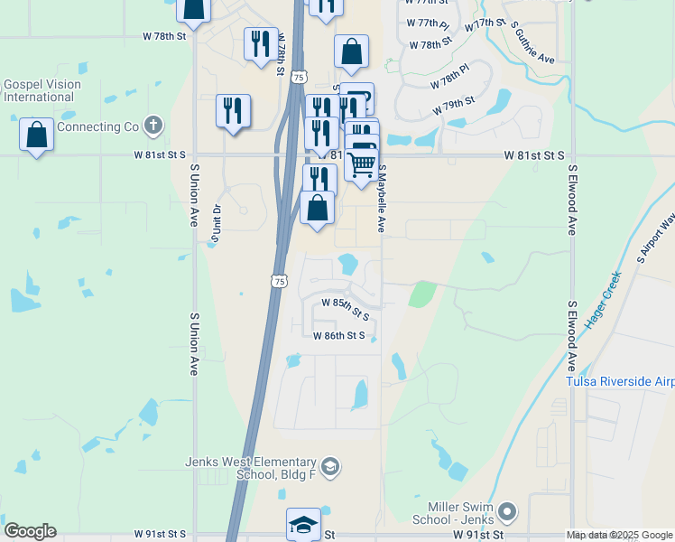 map of restaurants, bars, coffee shops, grocery stores, and more near 8409 South Olympia Avenue West in Tulsa