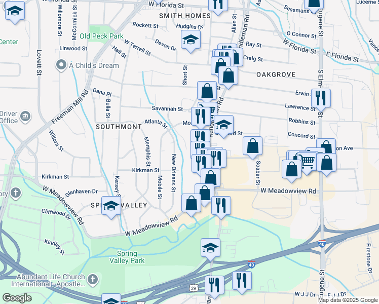 map of restaurants, bars, coffee shops, grocery stores, and more near 2311 Columbus Street in Greensboro
