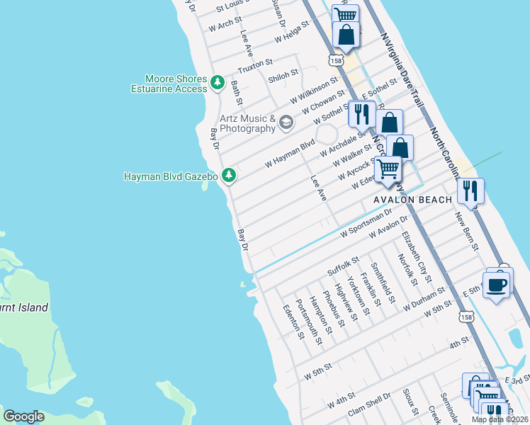 map of restaurants, bars, coffee shops, grocery stores, and more near 538 West Aycock Street in Kill Devil Hills