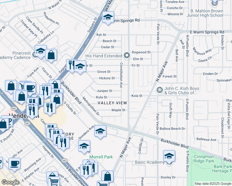 map of restaurants, bars, coffee shops, grocery stores, and more near 133 Juniper St in Henderson