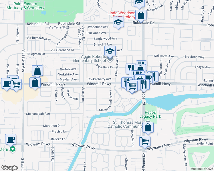 map of restaurants, bars, coffee shops, grocery stores, and more near 2704 Coventry Green Avenue in Henderson