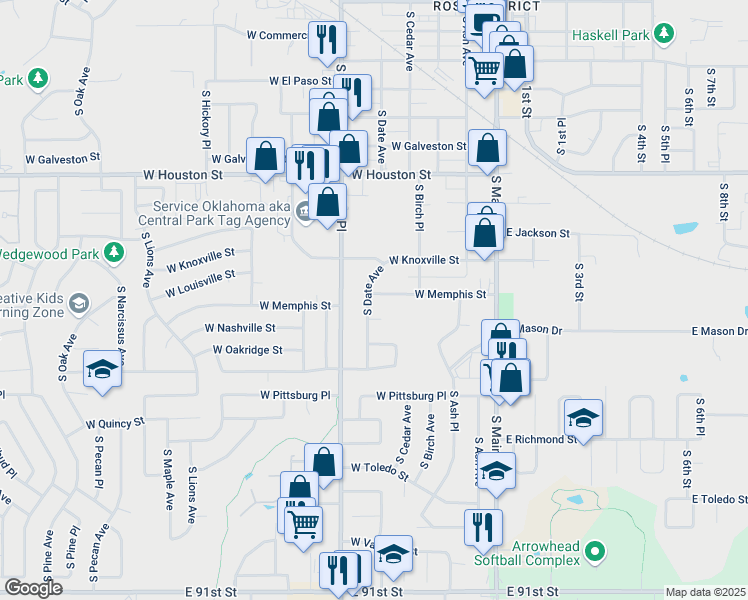 map of restaurants, bars, coffee shops, grocery stores, and more near 1101 South Date Avenue in Broken Arrow