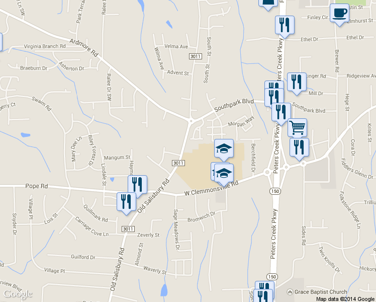 map of restaurants, bars, coffee shops, grocery stores, and more near 2050 Old Salisbury Rd in Winston-Salem