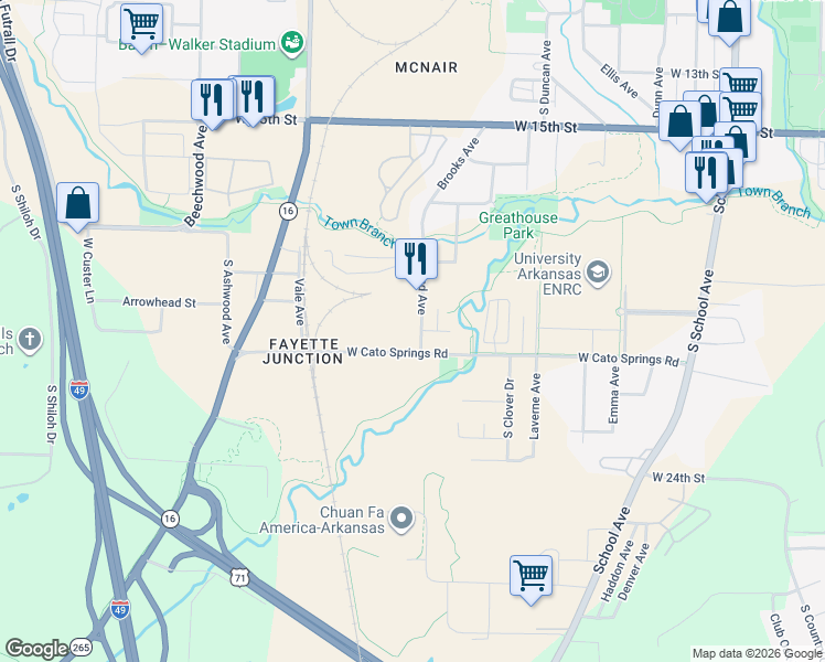 map of restaurants, bars, coffee shops, grocery stores, and more near 1168 West Cato Springs Road in Fayetteville