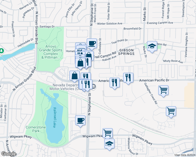map of restaurants, bars, coffee shops, grocery stores, and more near 1371 Bear Brook Avenue in Henderson