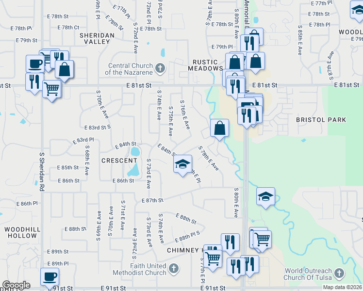 map of restaurants, bars, coffee shops, grocery stores, and more near 7508 East 83rd Place in Tulsa