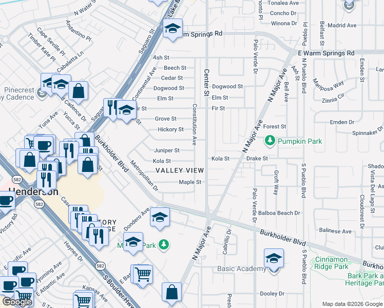 map of restaurants, bars, coffee shops, grocery stores, and more near 133 Juniper Street in Henderson
