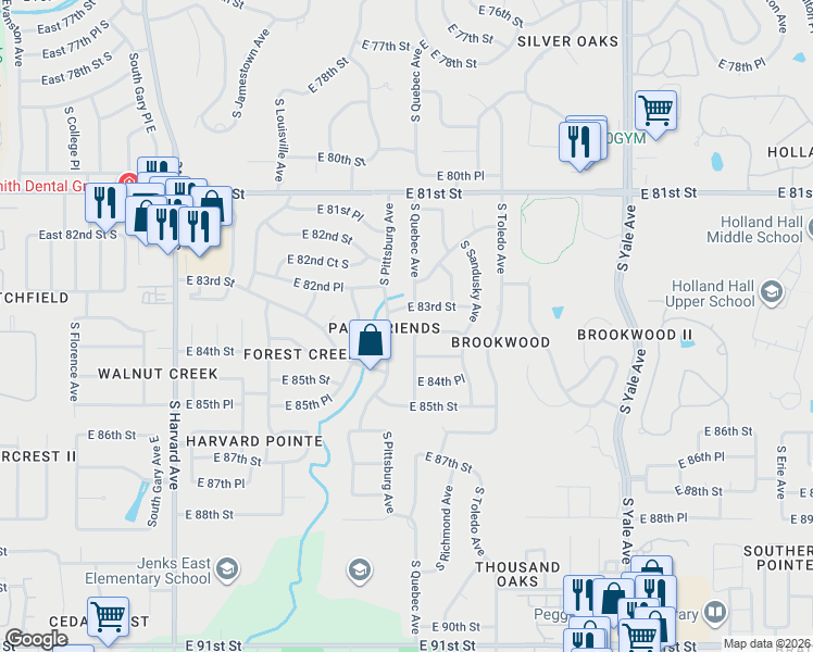 map of restaurants, bars, coffee shops, grocery stores, and more near 8304 South Quebec Avenue in Tulsa