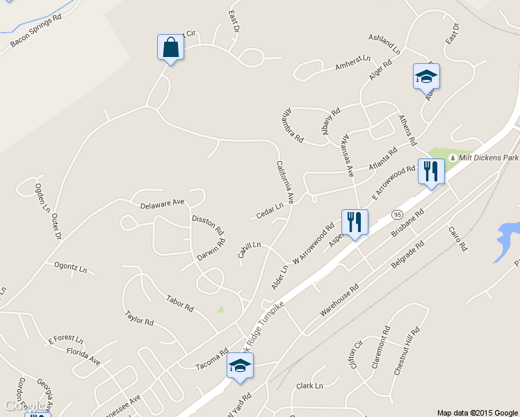 map of restaurants, bars, coffee shops, grocery stores, and more near 110 Cedar Ln in Oak Ridge