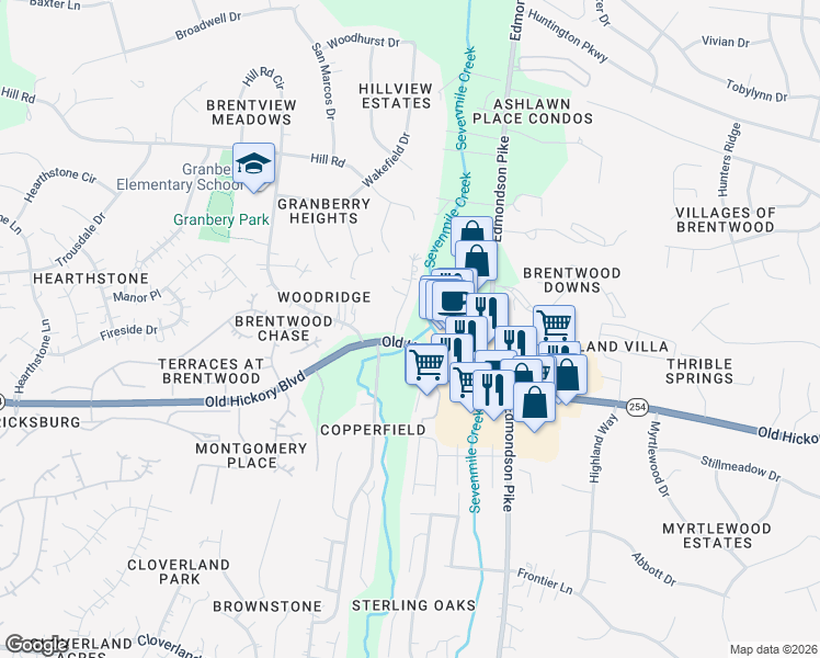 map of restaurants, bars, coffee shops, grocery stores, and more near 5702 Brentwood Meadows Circle in Brentwood