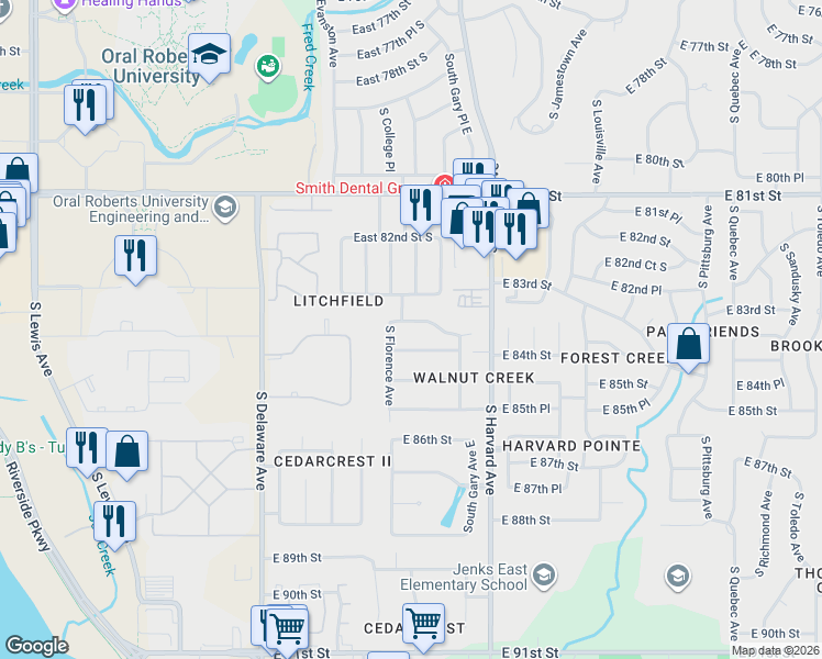 map of restaurants, bars, coffee shops, grocery stores, and more near 3112 E 84th St in Tulsa