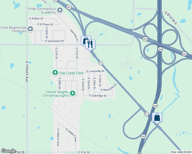 map of restaurants, bars, coffee shops, grocery stores, and more near 1112 South 35th Street in Broken Arrow