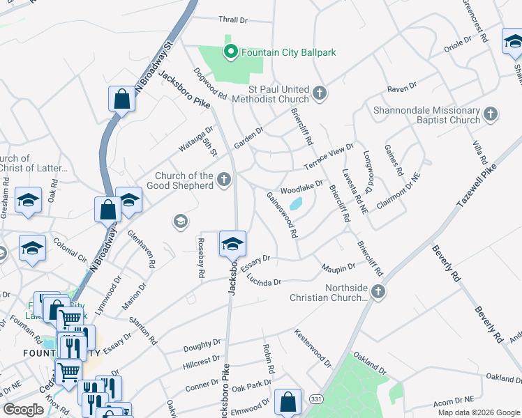map of restaurants, bars, coffee shops, grocery stores, and more near 5401 Edgefield Road in Knoxville
