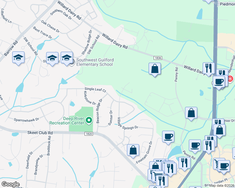 map of restaurants, bars, coffee shops, grocery stores, and more near 3642 Village Springs Drive in High Point