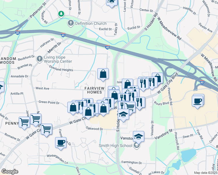 map of restaurants, bars, coffee shops, grocery stores, and more near 1915 Boulevard Street in Greensboro