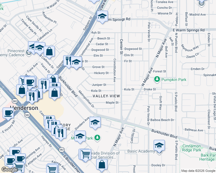 map of restaurants, bars, coffee shops, grocery stores, and more near 133 Juniper Street in Henderson