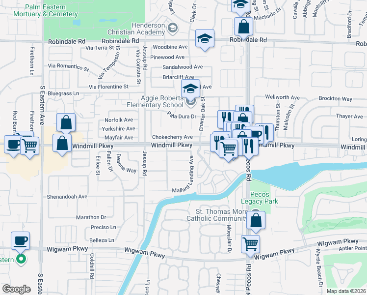 map of restaurants, bars, coffee shops, grocery stores, and more near 2702 Coventry Green Avenue in Henderson