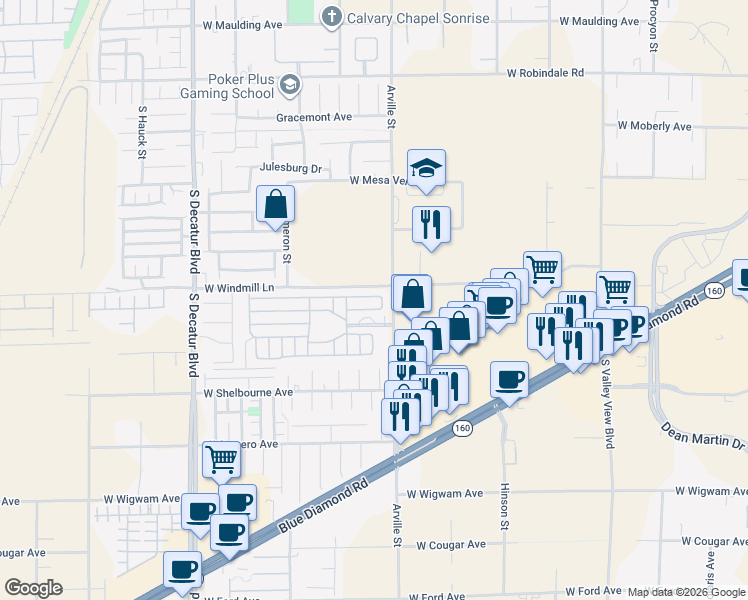 map of restaurants, bars, coffee shops, grocery stores, and more near 8175 Arville Street in Las Vegas