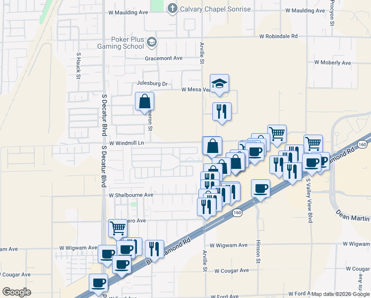 map of restaurants, bars, coffee shops, grocery stores, and more near Great American Street in Las Vegas