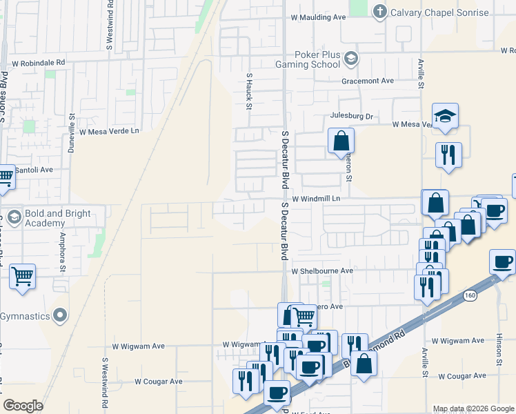 map of restaurants, bars, coffee shops, grocery stores, and more near 8133 South Ribbon Falls Street in Las Vegas