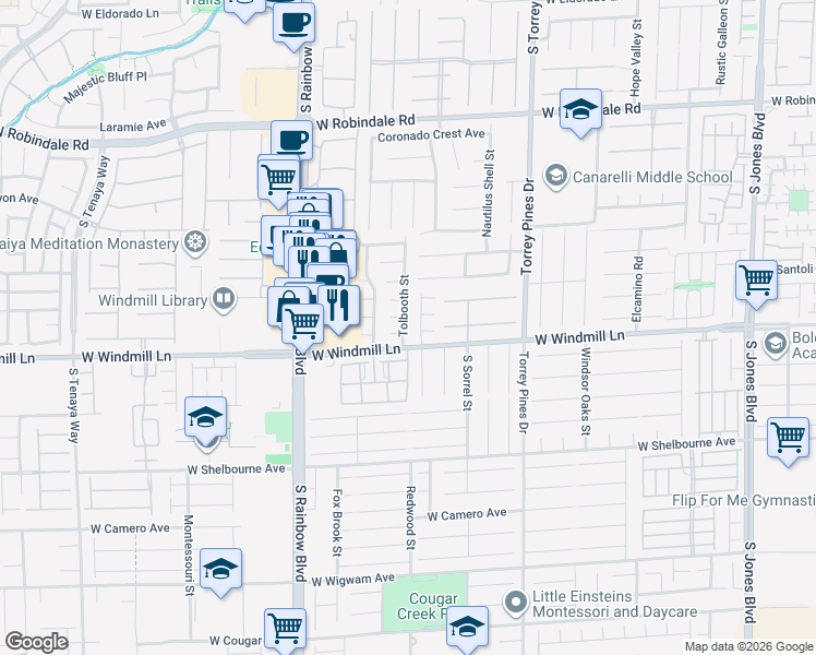 map of restaurants, bars, coffee shops, grocery stores, and more near 8076 Tolbooth Street in Las Vegas