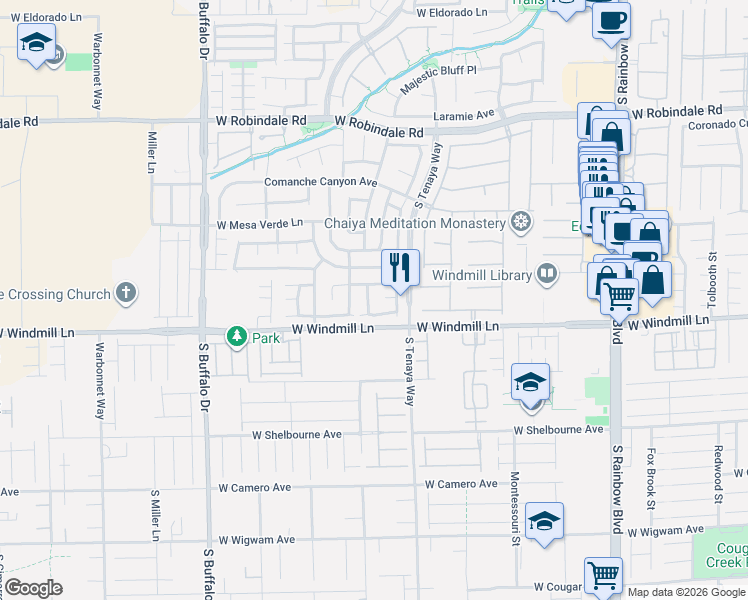 map of restaurants, bars, coffee shops, grocery stores, and more near 8058 South Thunder Bluff Street in Las Vegas