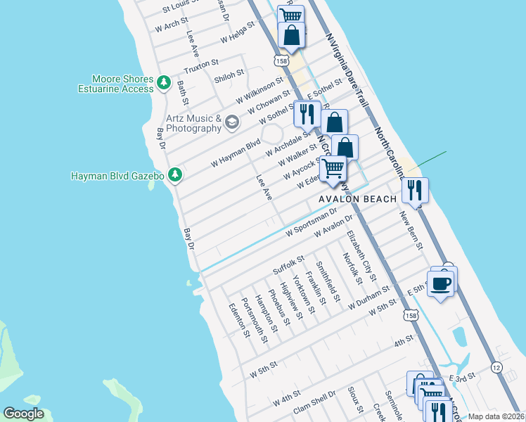 map of restaurants, bars, coffee shops, grocery stores, and more near 419 West Eden Street in Kill Devil Hills