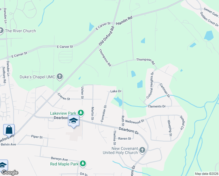 map of restaurants, bars, coffee shops, grocery stores, and more near 3063 Lake Drive in Durham
