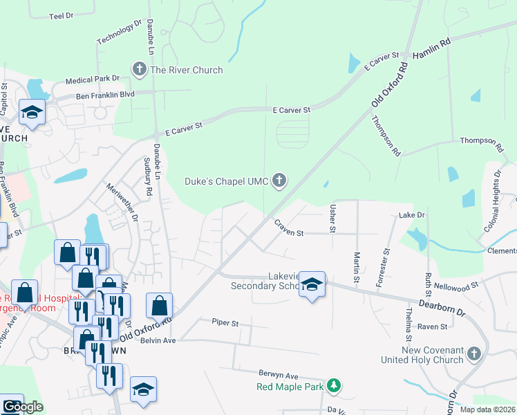 map of restaurants, bars, coffee shops, grocery stores, and more near 3609 Cub Creek Road in Durham