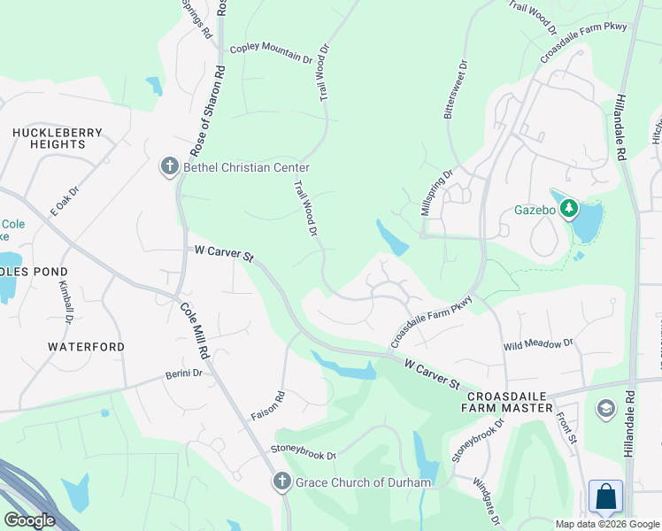 map of restaurants, bars, coffee shops, grocery stores, and more near 3603 Dairy Pond Place in Durham
