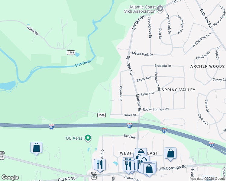 map of restaurants, bars, coffee shops, grocery stores, and more near 2705 Cedar Creek Drive in Durham