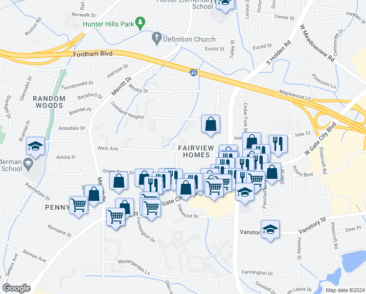 map of restaurants, bars, coffee shops, grocery stores, and more near in Greensboro