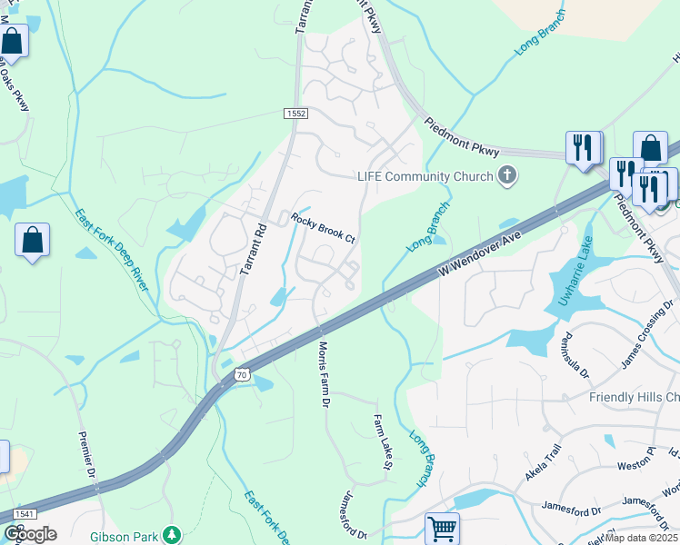 map of restaurants, bars, coffee shops, grocery stores, and more near 3630 Morris Farm Drive in Greensboro
