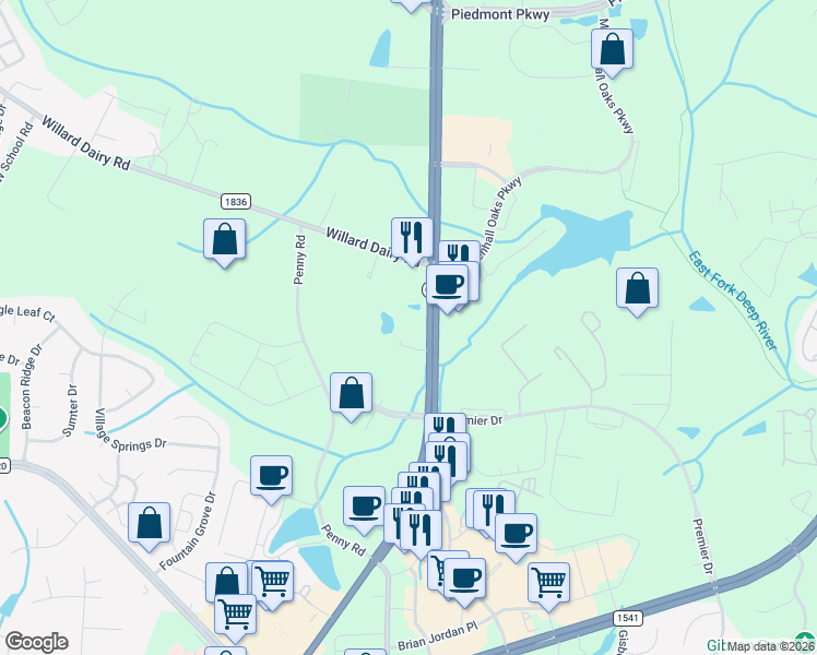 map of restaurants, bars, coffee shops, grocery stores, and more near 2783 North Carolina 68 in High Point