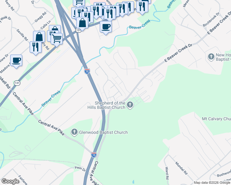map of restaurants, bars, coffee shops, grocery stores, and more near 426 Snowmass Drive in Knoxville