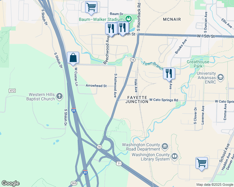 map of restaurants, bars, coffee shops, grocery stores, and more near 1983 South Razorback Road in Fayetteville
