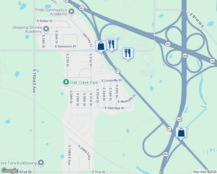 map of restaurants, bars, coffee shops, grocery stores, and more near 1117 South 33rd Street in Broken Arrow